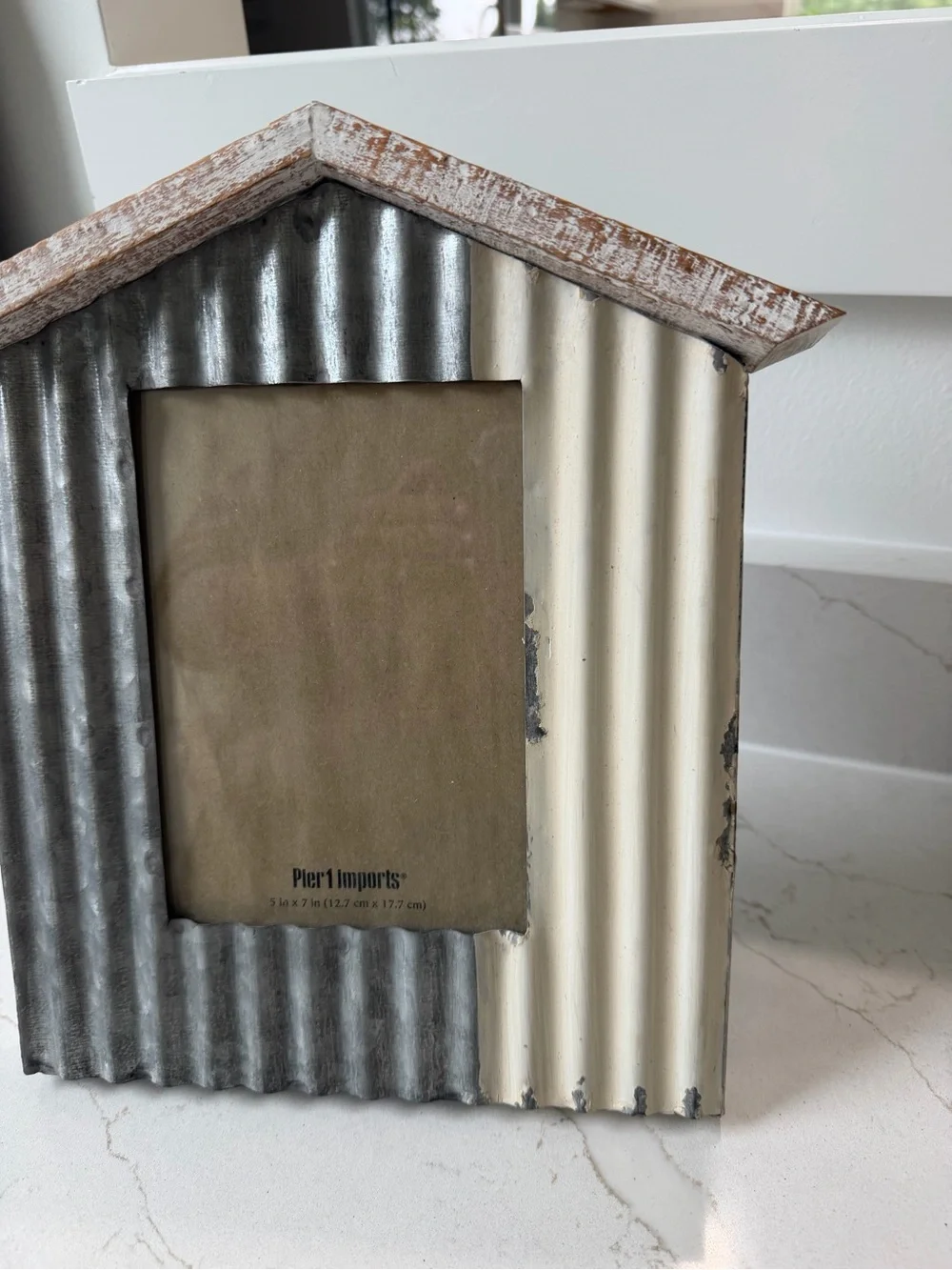 Pier 1 House-Shaped Corrugated Metal Photo Frame in Gray & Cream